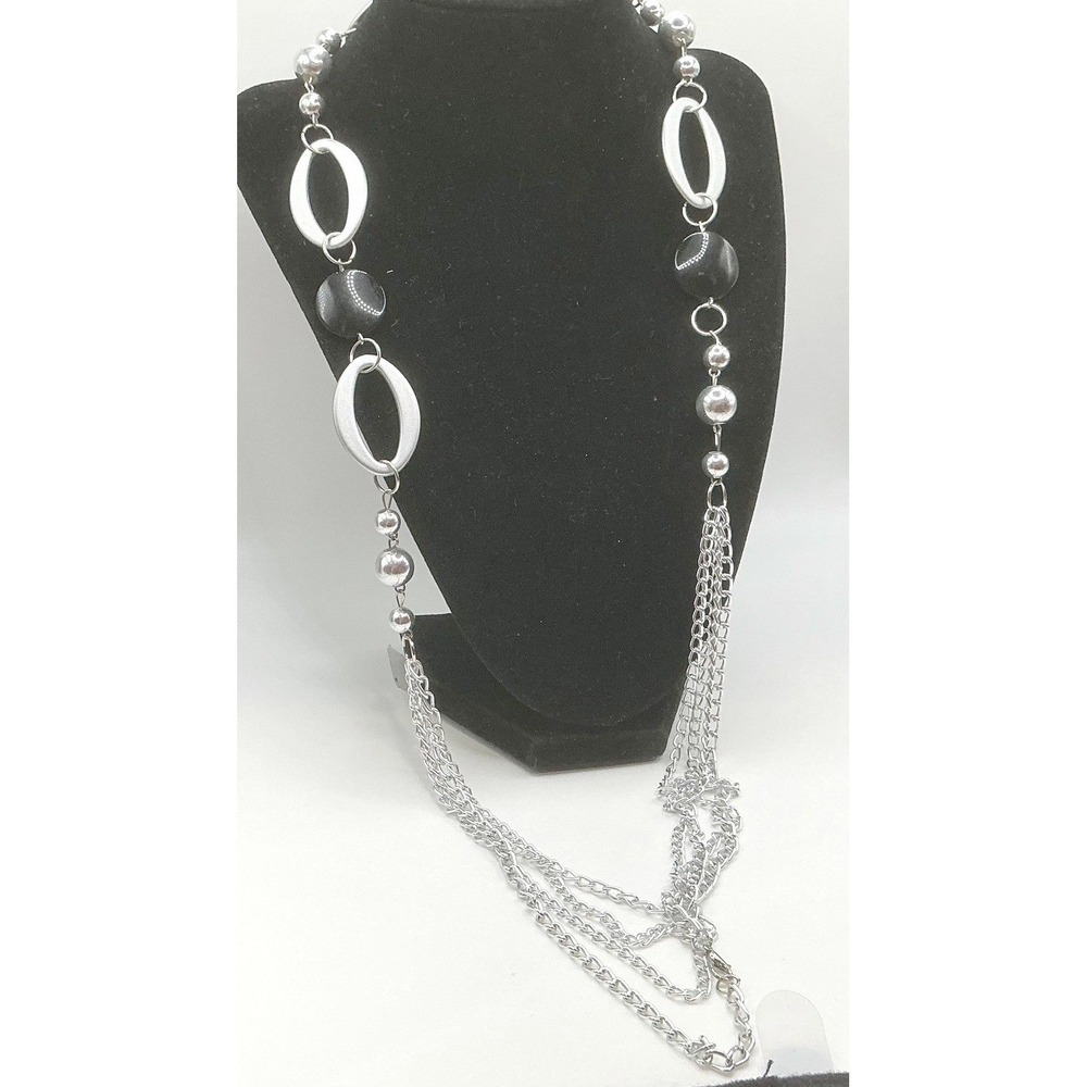 Chunky 28"‎ lightweight Oval Link Layered Chain Necklace Silver Black Beads